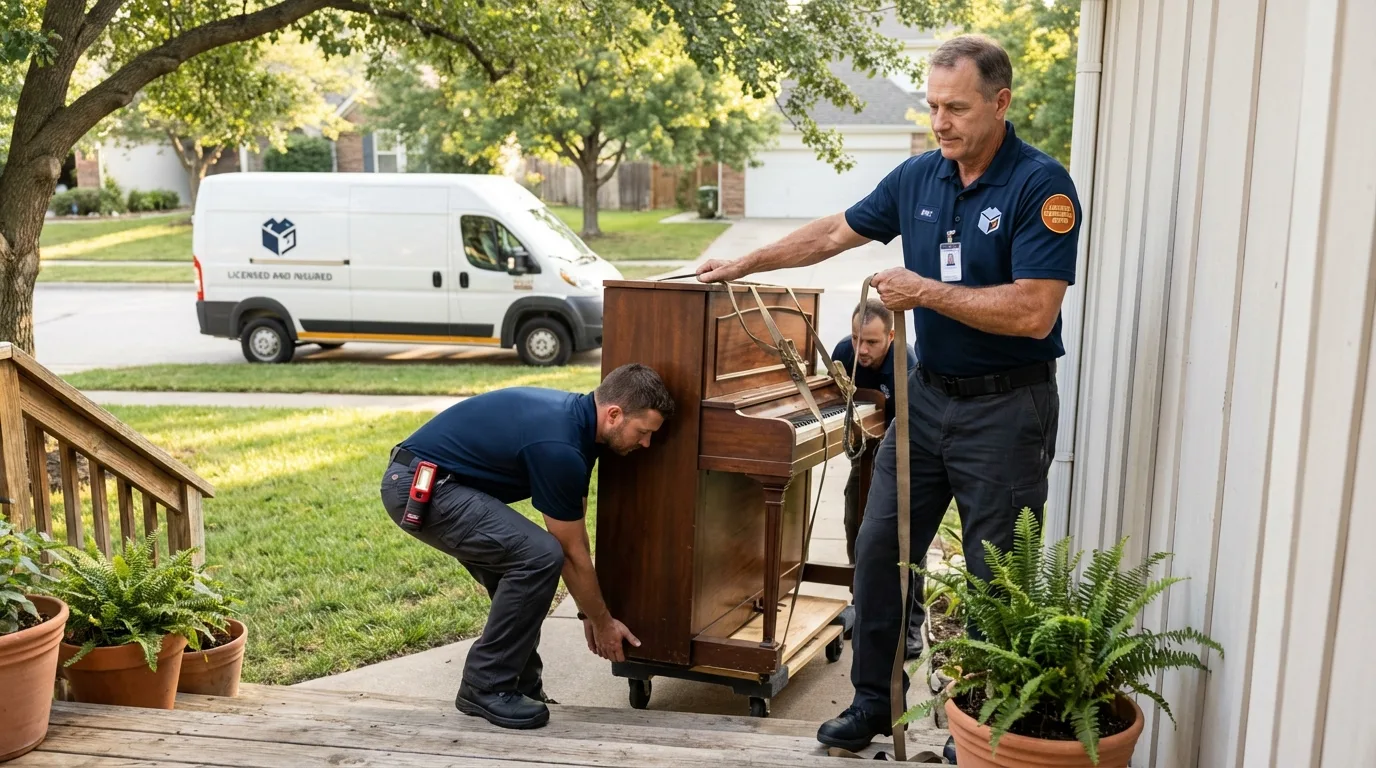 Licensed piano movers securing grand piano in Obion, TN